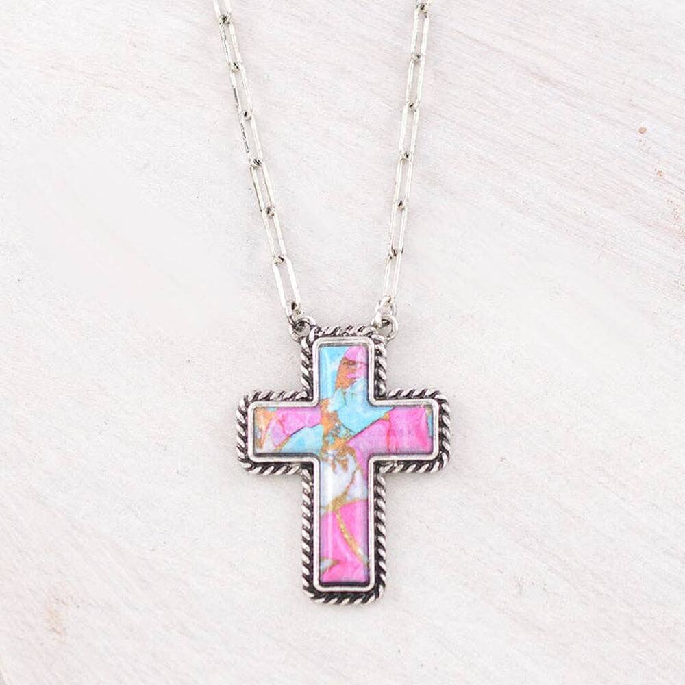 Cotton Candy Stone Cross Pendant Necklace | Pink Boho Faith Jewelry